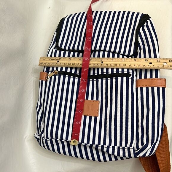 Jessica Moore Striped Backpack New 2 Zipper Sections 3 Pockets Navy White Brown - Picture 7 of 7